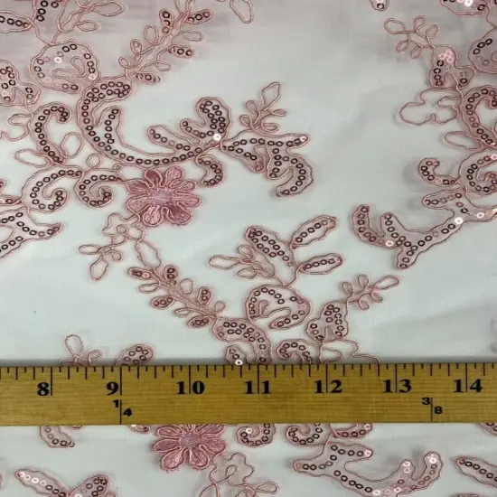 1 Yard Light Pink Corded Sequin Lace Mesh Fabric with Double Scalloped Edge 54&rdquo; Wide {4}