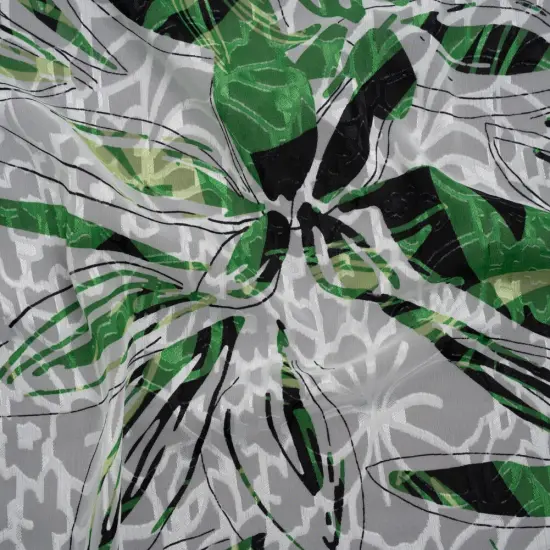 1 Yard White, Green and Black Floral Polyester Brocade Deadstock Material 56 inch Width {2}