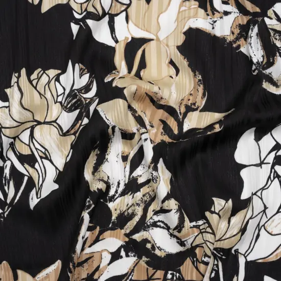1 Yard Black, Beige & White Floral Burnout Stripes Polyester Crepe Back Satin Fabric 54" Width {1}