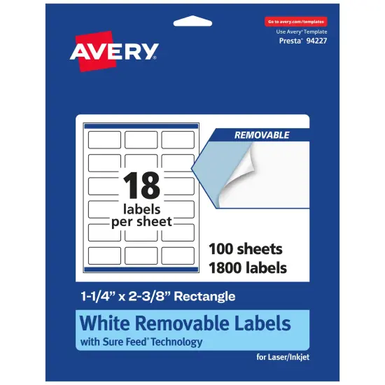 Avery Matte White Removable Rectangle Labels with Sure Feed Technology, Print-to-the-Edge, 1-1/4" x 2-3/8" {7}