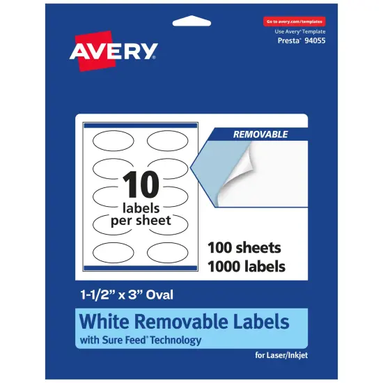 Avery Matte White Removable Oval Labels with Sure Feed Technology, Print-to-the-Edge, 1.5" x 3" {7}
