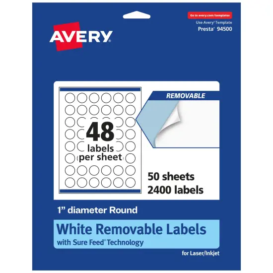 Avery Matte White Removable Round Labels with Sure Feed Technology, Print-to-the-Edge, 1" diameter {7}