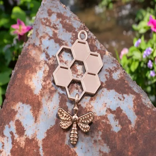 *5* 46x24mm Rose Gold Bee Honeycomb Charms {1}