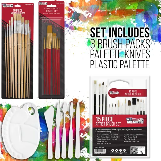 U.S. Art Supply 121-Piece Custom Artist Painting Set, Field Sketch Box Easel, 72 Paint Colors, 24 Acrylic, 24 Oil, 24 Watercolor 8 Canvases 32 Brushes {5}