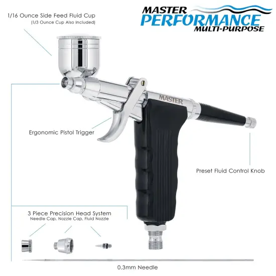 Master Performance SB80 Multi-Purpose Fixed Dual-Action Side Feed Pistol Trigger Airbrush, 0.3 mm Tip, 1/6 & 1/3 oz Cups {2}