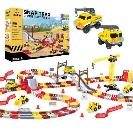 USA Toyz Snap Trax Construction Set Race Tracks and LED Toy Cars - 251pk {1}