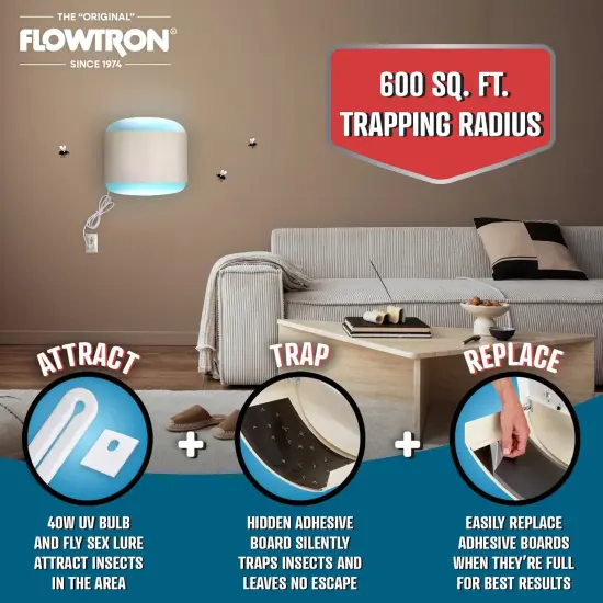 Flowtron Fly Trap Indoor Wall Sconce, Electric Insect Killer, 40W UV, Sticky Strips, 600 Sq Ft, Home {3}