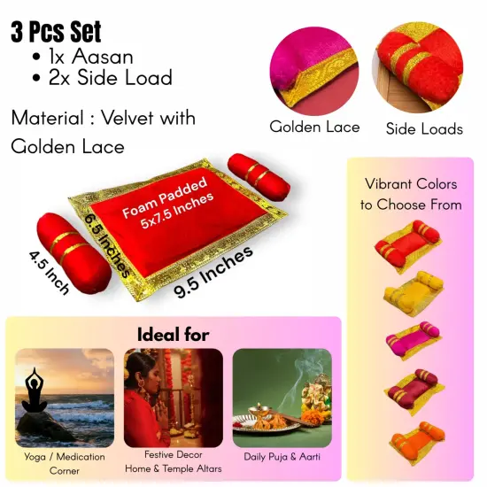 Laddu Gopal Velvet Asan Takiya Pillow Set for Lord Ganesha, Krishna, Kanha Ji, Bal Gopal God Goddess Idol Soft Mattress Cushion/gadda Bed Cum Aasan Set (9.5x6.5 Inch) Red {3}