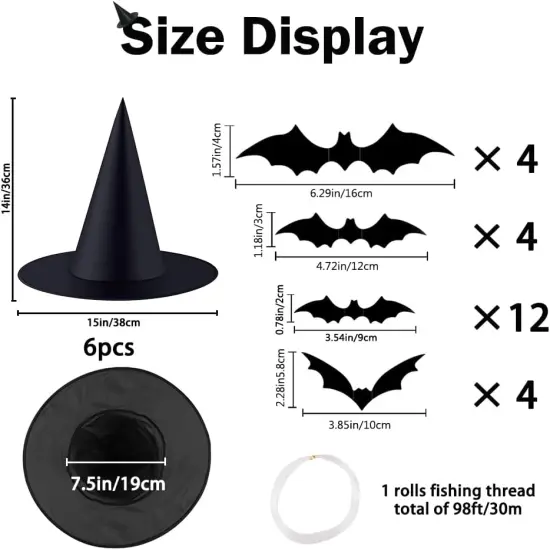 6 PCS Halloween Black Witch Hats with 3D Bats Stickers {2}