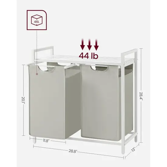 MDF Steel 2-Basket Laundry Hamper Sorter with Removable Bags and Shelf White {2}