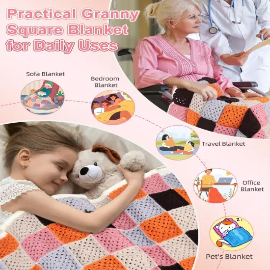 Granny Squares Crochet Blanket Kit for Beginners Easy Crochet Starter Kit with Enough Yarn Detailed Instruction {2}