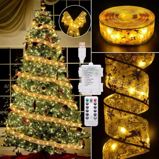 2.5Inch x 66Ft 200 Led Christmas Tree Ribbon Lights with 8 Lighting Modes, Battery Operated {2}