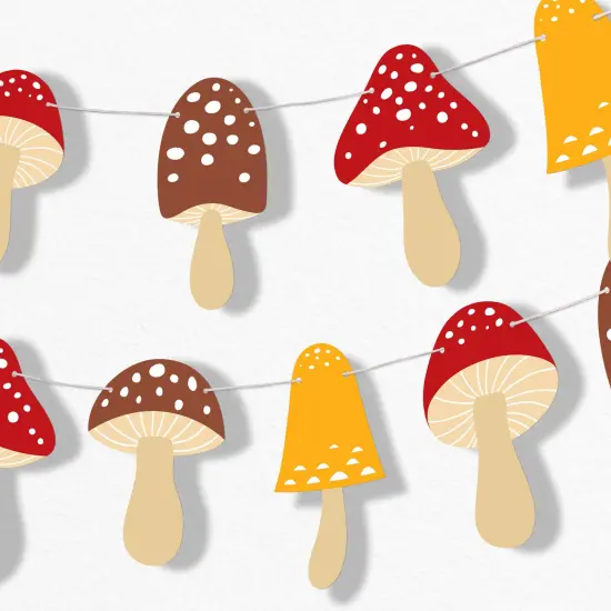 Big Dot of Happiness Wild Mushrooms Garland Banner, Toadstool Decor, Birthday Party Decorations Backdrop, 30 Feet of Cord, 15 Paper Mushroom Shapes {1}