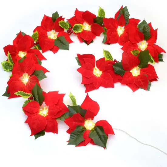 6.5Ft Lighted Poinsettia Christmas Garland with Red Berries and Holly Leaves, {5}