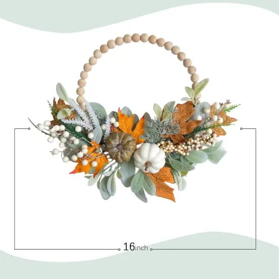 2PCS 16inch Wood Beads Fall Wreath Eucalyptus Berries Pumpkins Lamb Ears Leaves {4}