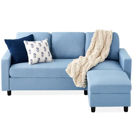 Best Choice Products Linen Sectional Sofa Couch w/ Chaise Lounge, Reversible Ottoman Bench Light Blue {1}