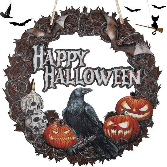 13 Inch Happy Halloween Sign Crow Pumpkin {1}