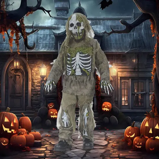 Boy's Skeleton Zombie Costume Halloween Scary Undead Tattered Bones Outfit with Mask and Gloves {4}