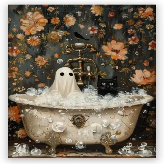 Halloween Canvas Wall Art - Ghost and Black Cat (12x18 Inch) {1}
