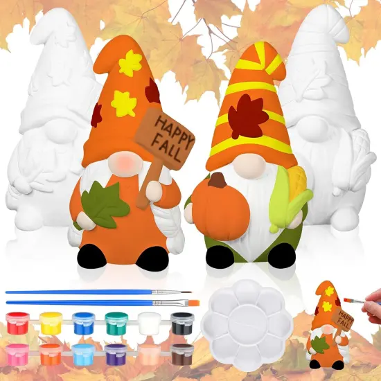2 Pack Fall Ready to Paint Your Own Gnome Statues 4'' DIY Unpainted Ceramics Gnome Figurines Kit Blank Paintable Ceramics for Classroom Art Crafts {1}