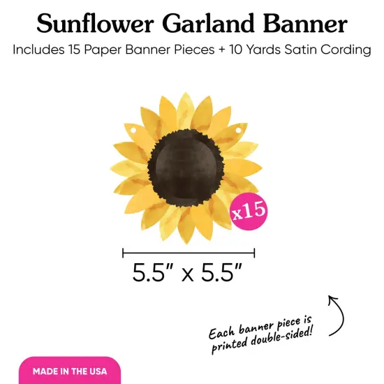 Big Dot of Happiness Sunflower Garland Banner, Yellow Birthday Party Decor, Bridal or Baby Shower Backdrop, 30 Feet of Cord, 15 Paper Sunflower Shapes {5}