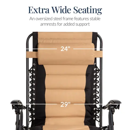 Best Choice Products Oversized Padded Zero Gravity Chair, Folding Outdoor Patio Recliner w/ Side Tray Black/Tan {3}