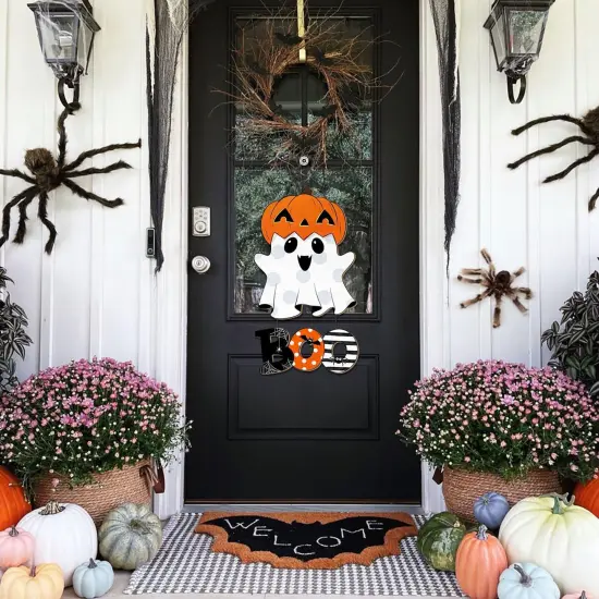 Halloween Ghost BOO Wood Door Hanging Sign Decorations - Ghost Pumpkin Boo {3}