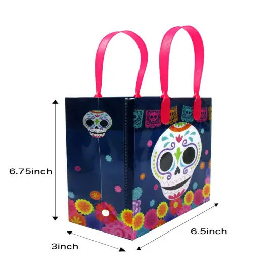TINYMILLS Day of the Dead Gift Bags with Handles, 12-Pack, Dia de los Muertos Party Favor Bags {6}
