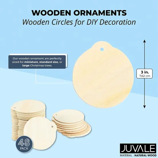 Juvale 48 Pack 3 Inch Wooden Circles for Holiday Crafts, DIY Wooden Circle Ornaments, Blank Wood Disks for Christmas Tree Decorations, 2.8 x 0.08 x 3 Inches Brown {5}