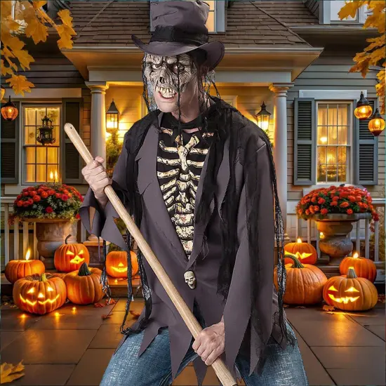 Men's Grave Robber Costume Halloween Scary Skeleton Jacket Hat Mask Gauze Strips Dress Up Set {5}