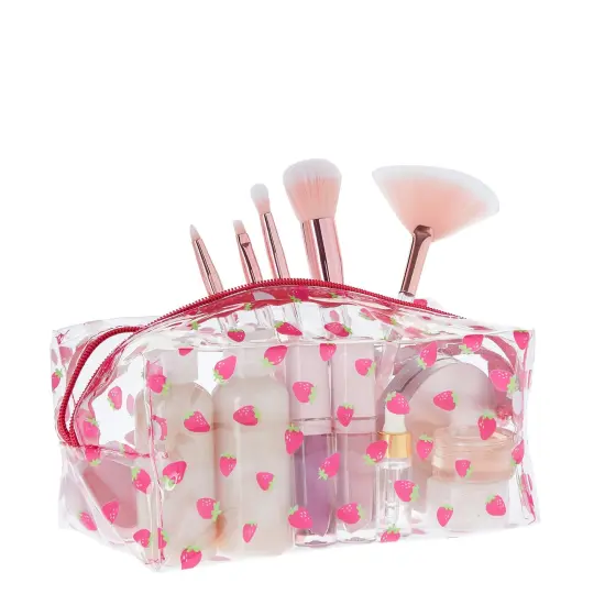 Set of 2 Strawberry Makeup Bag for Face Powder, Mascara, Lipgloss, Clear Travel Bags for Toiletries (2 Designs) Pink {6}