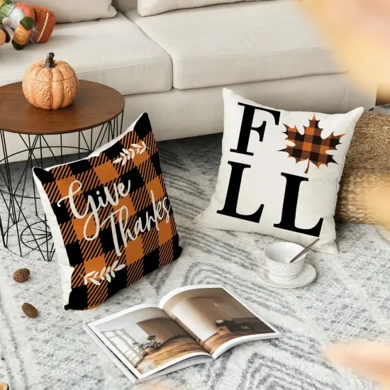 Home Fall Buffalo Check Plaid Pumpkin Maple Leaf {4}