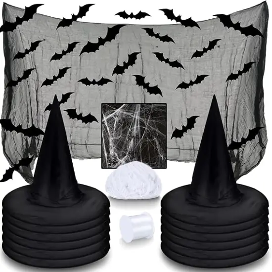 Halloween Decoration Set &ndash; 12 Witch Hats, 16 3D Bats, Spider Web, Cloth & Rope {1}