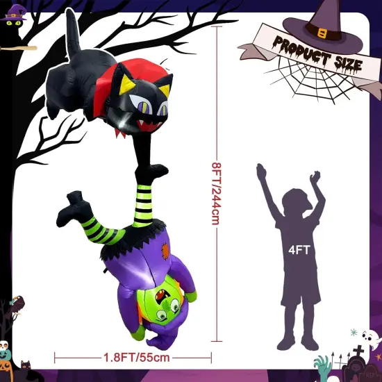 8 FT Halloween Inflatables with LED Lights - Black Cat and Witch {2}