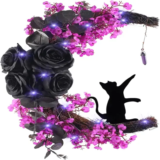 Black Halloween Door Wreath Cat Rose Moon - Black Moon {1}