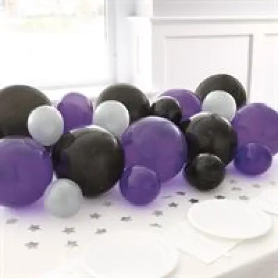 Black Purple & Silver Pearlized Balloon Garland Table Runner with Foil Confetti Cutouts {1}