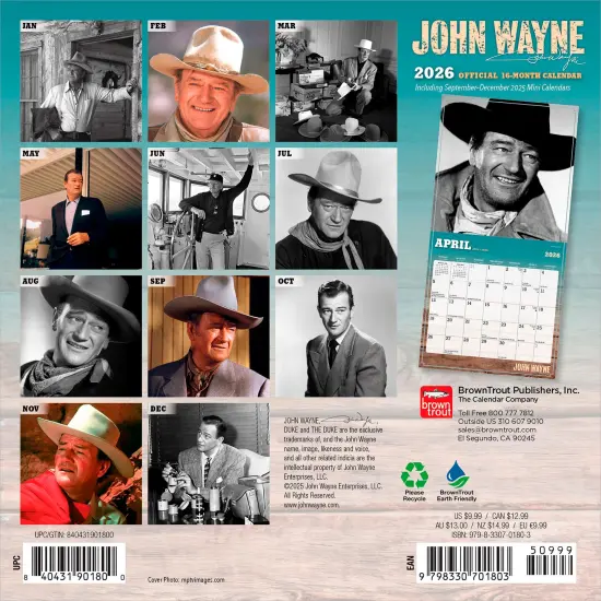 John Wayne OFFICIAL | 2026 7 x 14 Inch (Hanging) Monthly Mini Wall Calendar {2}
