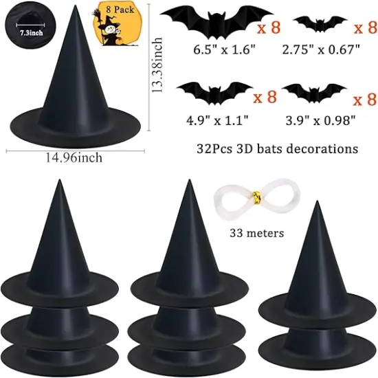 8 Pack Hanging Witch Hats & 32Pcs 3D Bats Halloween Decorations {2}