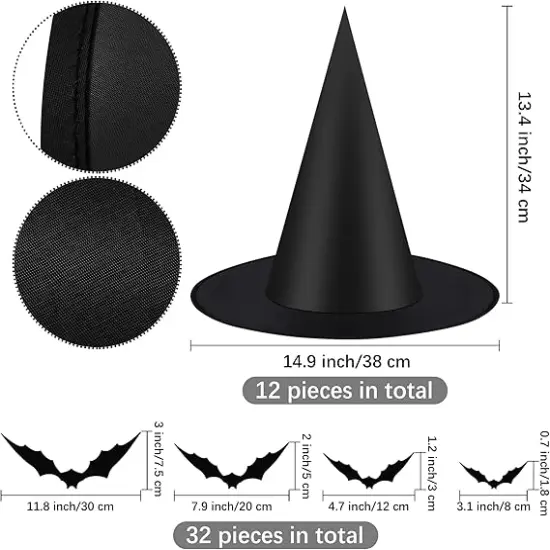 12 Halloween Black Witch Hats and 32 Bat Stickers {2}