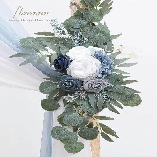 Artificial Dusty Blue & Navy Blue Floral Swag Arrangement {4}