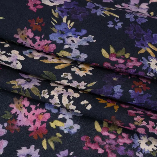 1 Yard Sonnet for Summer Cotton Crepe Fabric Navy Magenta Indigo Watercolor Flowers 53 inch Width {4}