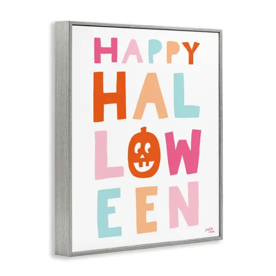 Pastel Happy Halloween Text Whimsical Pumpkin MotifFramed Giclee Art Gray {3}