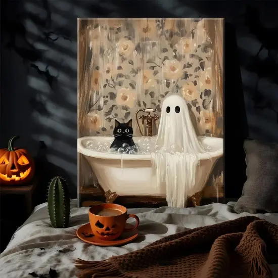 Halloween Ghost Bathroom Canvas Wall Art - 12x16 Inch Framed {3}