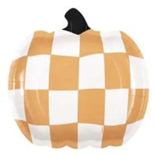 Groovy Halloween Checkered Pumpkin-Shaped 9" Plates 8ct {1}