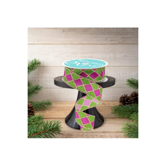 1.5" Glitter Harlequin Ribbon: Pink/Lime (10 Yards) {2}