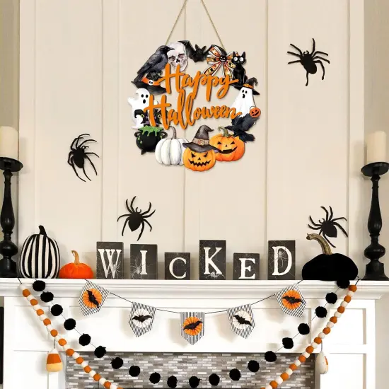 Happy Halloween Wood Wreath Ghost Black Cat Pumpkin Skull {6}