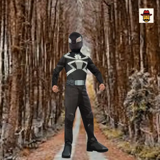 Agent Venom Child Costume Black Jumpsuit Mask Venom Symbol Boot Tops {1}