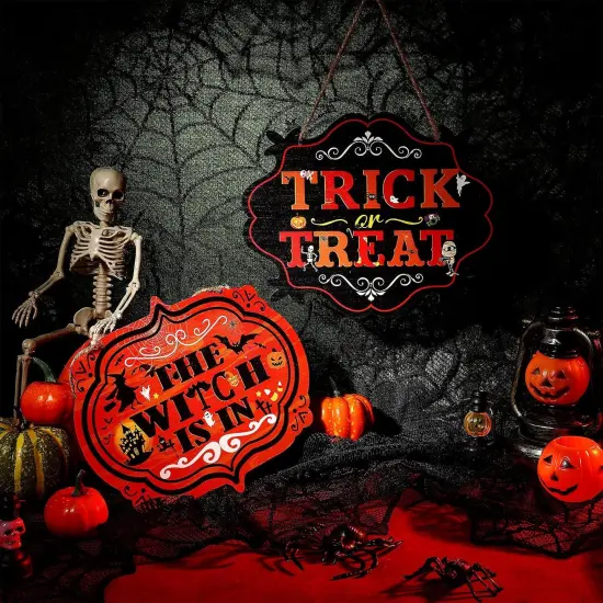 Trick or Treat & The Witch is in Hanging Sign Halloween Wreath Sign - 2 PCS {2}