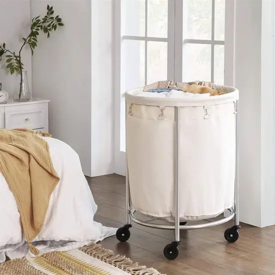 45-Gallon Laundry Hamper with Rolling Wheels and Powder-Coated Frame Included Fabric Bag Off White {5}
