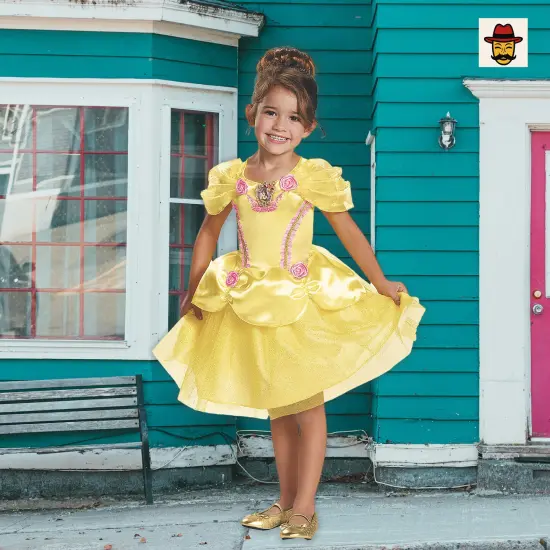 Girls Belle Costume Yellow Dress Pink Rosettes Sparkling Skirt Character Cameo Yellow, Pink {3}
